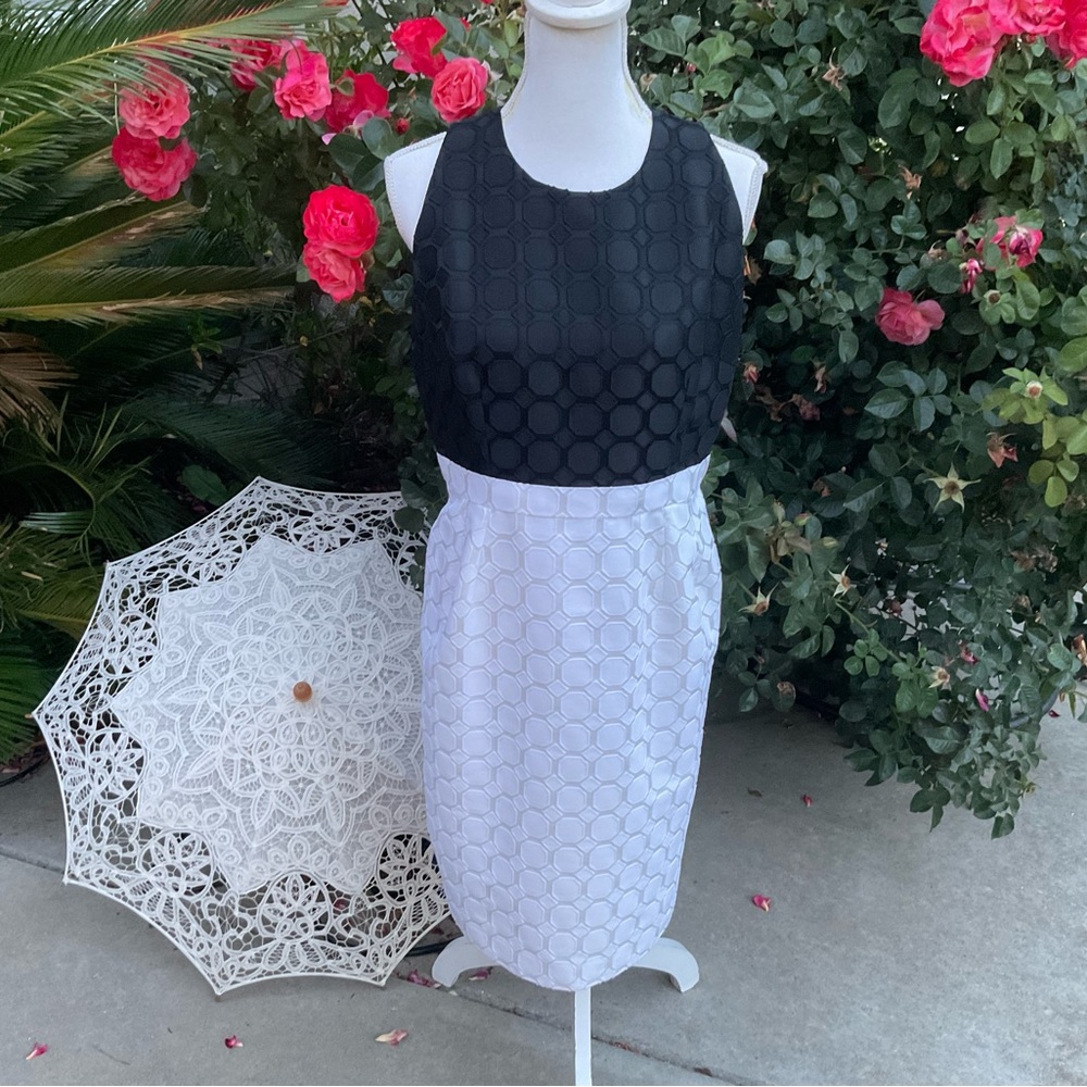 Carmen Marc Valvo Sz 8 honeycomb 🍯 design sheath black white colorblock Dress
